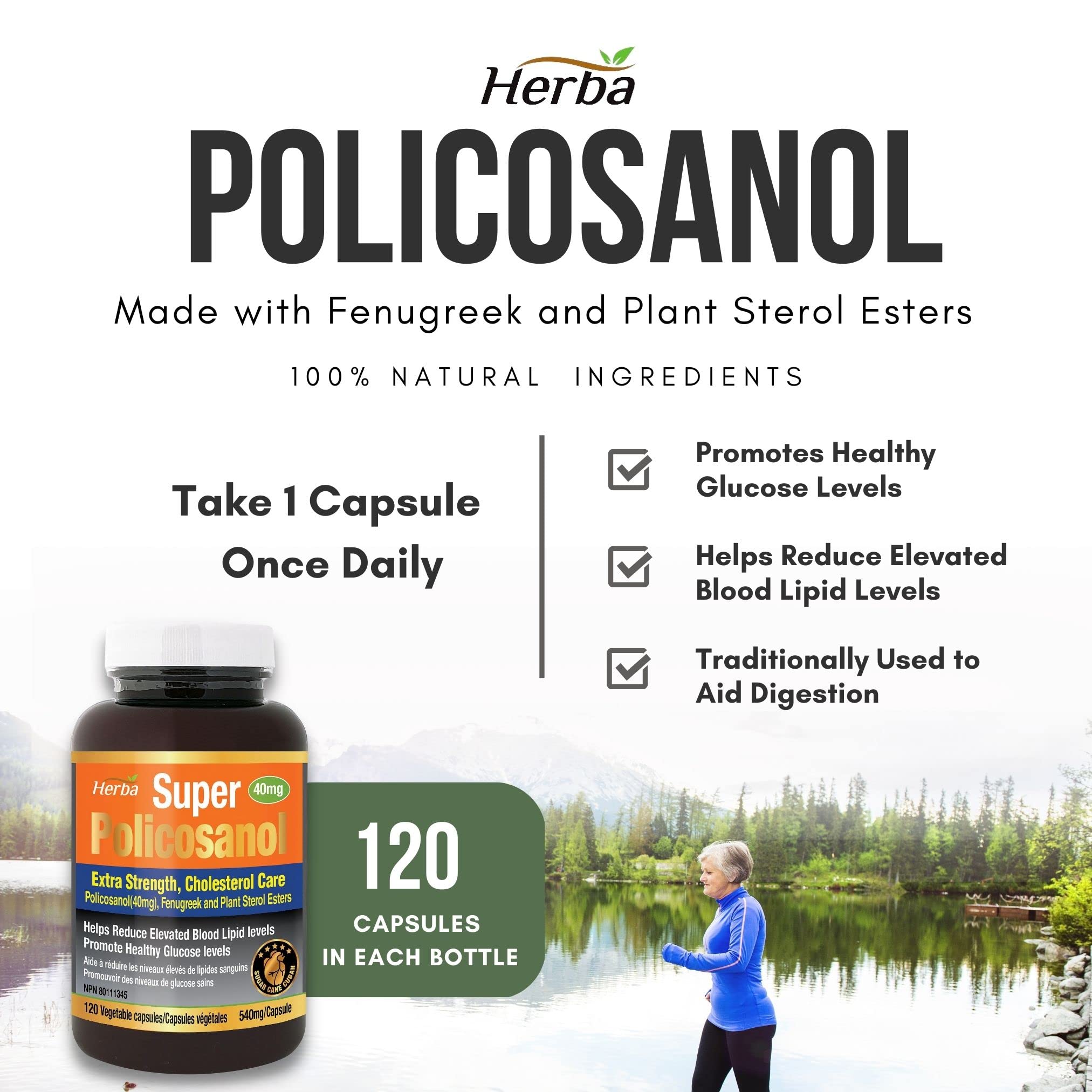 Policosanol 40mg with Fenugreek and Plant Sterol Esters - 120 Vegetable Capsules - Herba