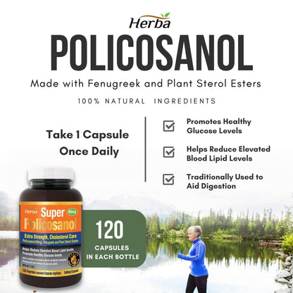 Policosanol 40mg with Fenugreek and Plant Sterol Esters - 120 Vegetable Capsules - Herba