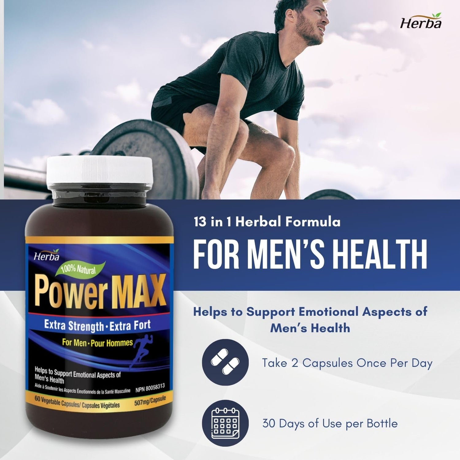 Power Max - 60 Capsules | Tongkat Ali, Maca, Tribulus, Panax Ginseng and 9 Other Ingredients - Herba