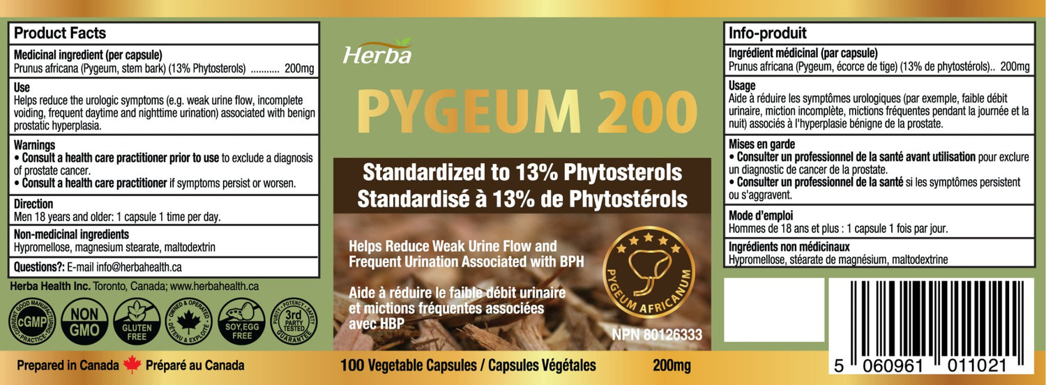 Pygeum Supplement 200mg – 100 Capsules | Made in Canada - Herba