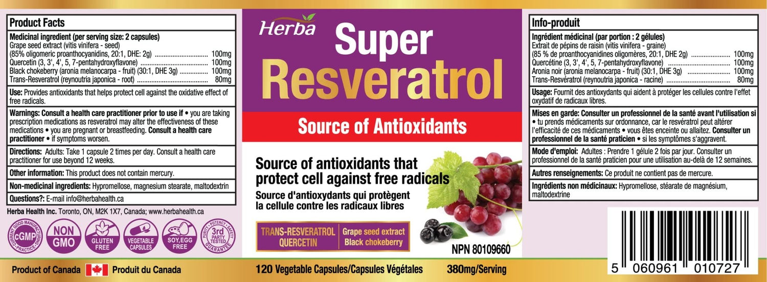 Resveratrol Supplement - 120 Capsules | Trans - Resveratrol with Echinacea, Quercetin, Grape Seed Extract, and Aronia - Herba