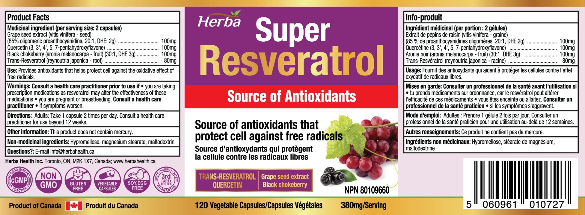 Resveratrol Supplement - 120 Capsules | Trans - Resveratrol with Echinacea, Quercetin, Grape Seed Extract, and Aronia - Herba