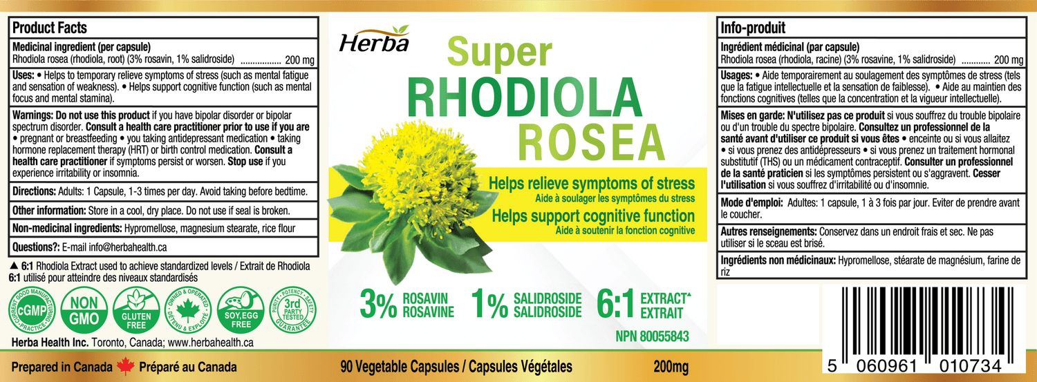 Rhodiola Rosea Supplement 200mg - 90 Vegetable Capsules | Made in Canada – 3% Rosavins and 1% Salidrosides - Herba