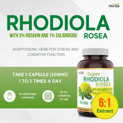 Rhodiola Rosea Supplement 200mg - 90 Vegetable Capsules | Made in Canada – 3% Rosavins and 1% Salidrosides - Herba