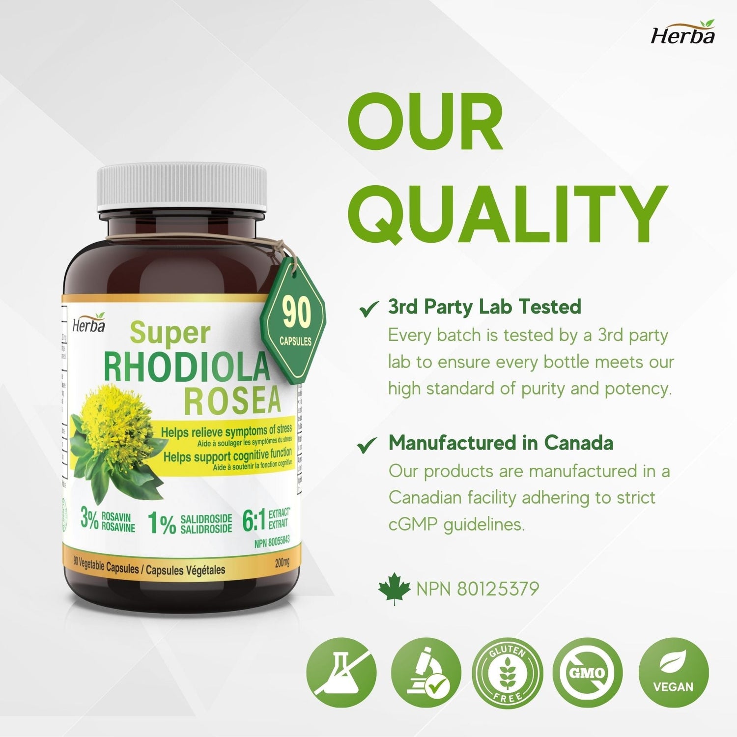 Rhodiola Rosea Supplement 200mg - 90 Vegetable Capsules | Made in Canada – 3% Rosavins and 1% Salidrosides - Herba