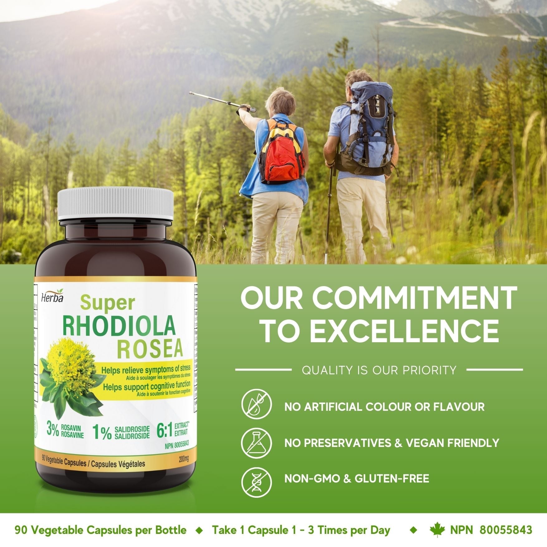 Rhodiola Rosea Supplement 200mg - 90 Vegetable Capsules | Made in Canada – 3% Rosavins and 1% Salidrosides - Herba