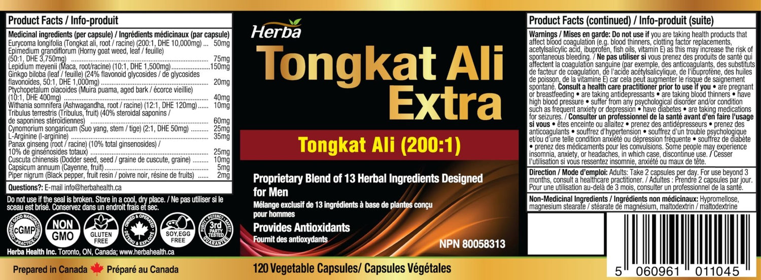 Tongkat Ali Supplement 200:1 - Made in Canada | 120 Capsules | Proprietary Blend including 10,000mg Equivalent of Tongkat Ali Extract - Herba