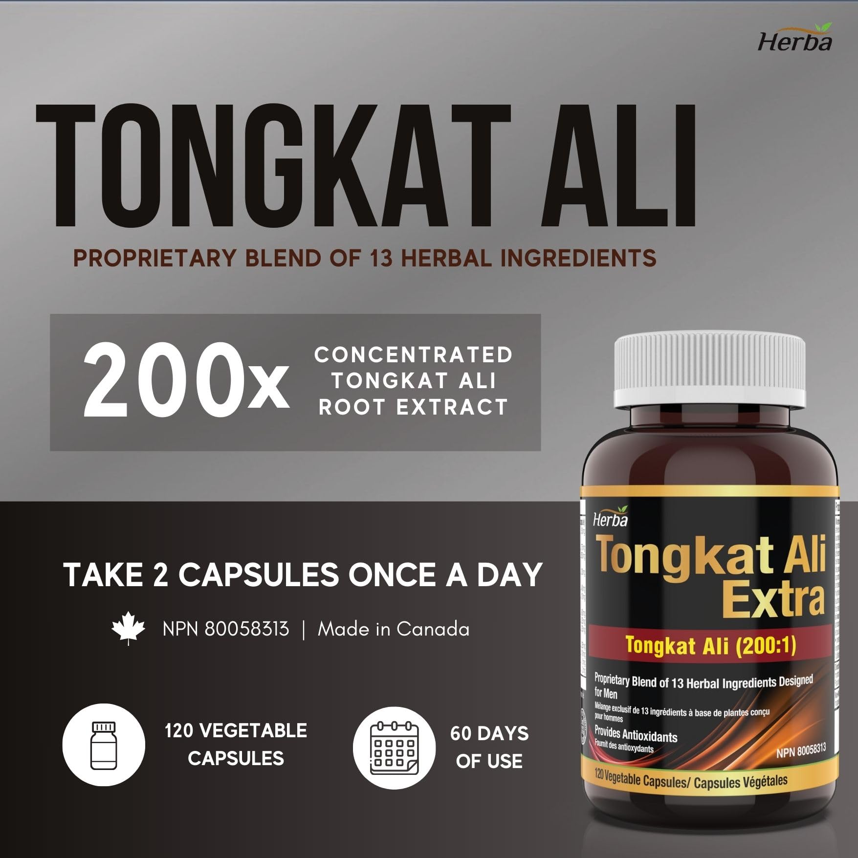 Tongkat Ali Supplement 200:1 - Made in Canada | 120 Capsules | Proprietary Blend including 10,000mg Equivalent of Tongkat Ali Extract - Herba