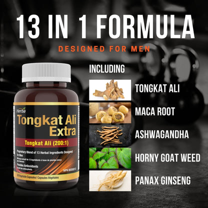 Tongkat Ali Supplement 200:1 - Made in Canada | 60 Capsules | Proprietary Blend including 10,000mg Equivalent of Tongkat Ali Extract - Herba