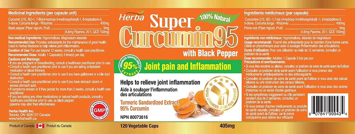 Turmeric Curcumin Capsules with Black Pepper | 120 Capsules | 95% Curcuminoids Turmeric Capsules for Inflammation - Herba