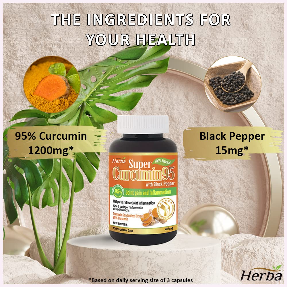 Turmeric Curcumin Capsules with Black Pepper | 120 Capsules | 95% Curcuminoids Turmeric Capsules for Inflammation - Herba