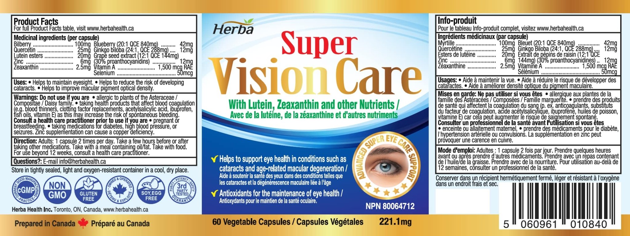 Vision Care Eye Vitamins with Lutein and Zeaxanthin Supplement – 60 Capsules - Herba