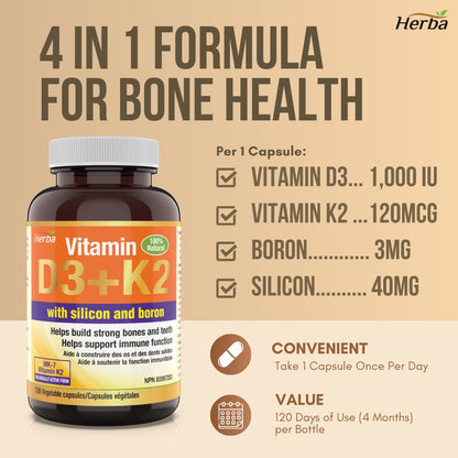 Vitamin D3 + K2 with Boron Supplement - 120 Vegetable Capsules | Vitamin K2 MK - 7 and Vitamin D3 1000 IU - Herba