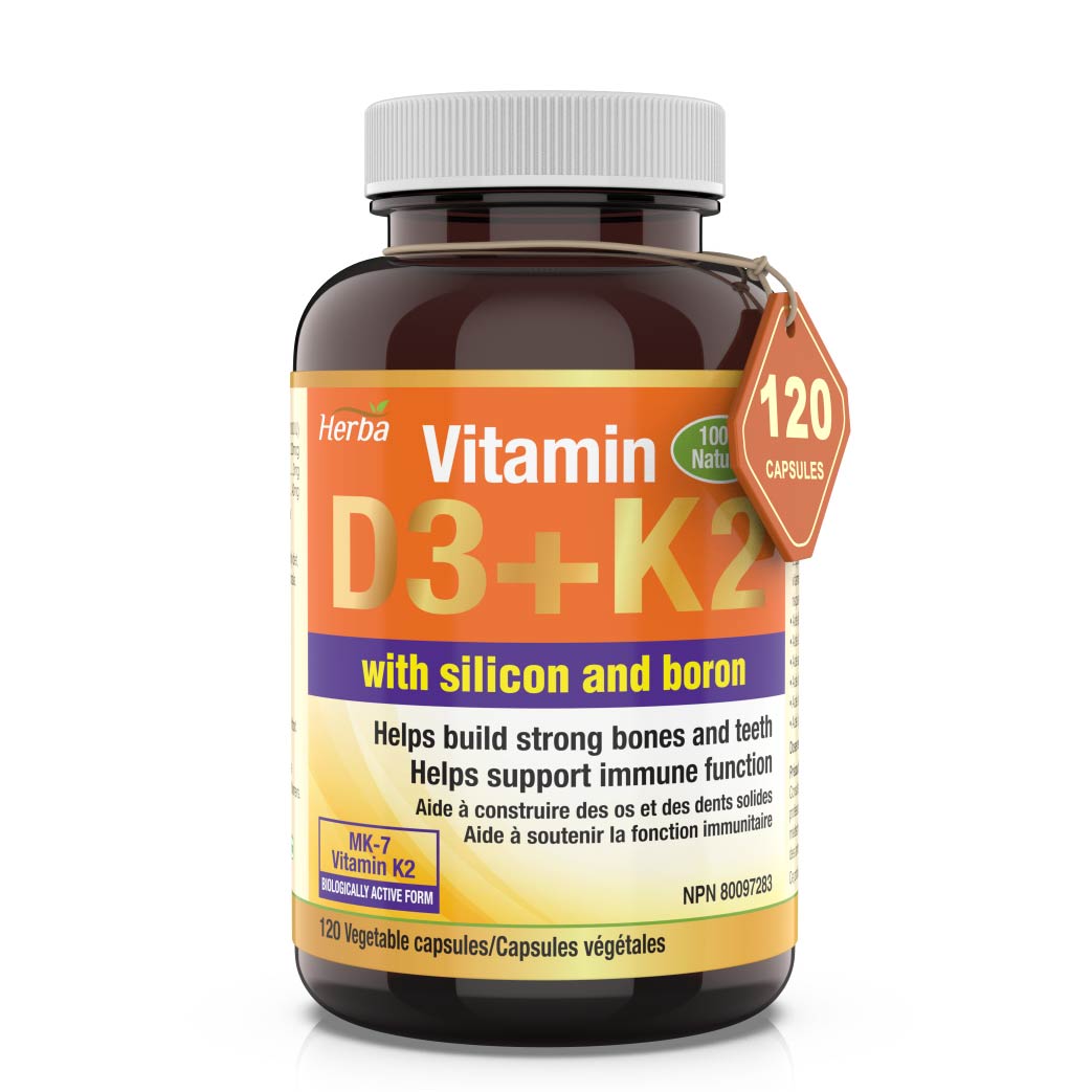 Vitamin D3 + K2 with Boron Supplement - 120 Vegetable Capsules | Vitamin K2 MK - 7 and Vitamin D3 1000 IU - Herba