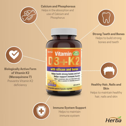 Vitamin D3 + K2 with Boron Supplement - 120 Vegetable Capsules | Vitamin K2 MK - 7 and Vitamin D3 1000 IU - Herba