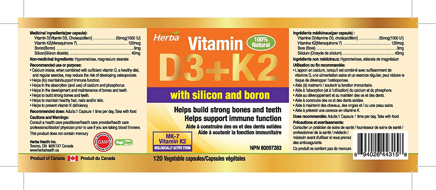 Vitamin D3 + K2 with Boron Supplement - 120 Vegetable Capsules | Vitamin K2 MK - 7 and Vitamin D3 1000 IU - Herba