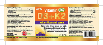 Vitamin D3 + K2 with Boron Supplement - 120 Vegetable Capsules | Vitamin K2 MK - 7 and Vitamin D3 1000 IU - Herba