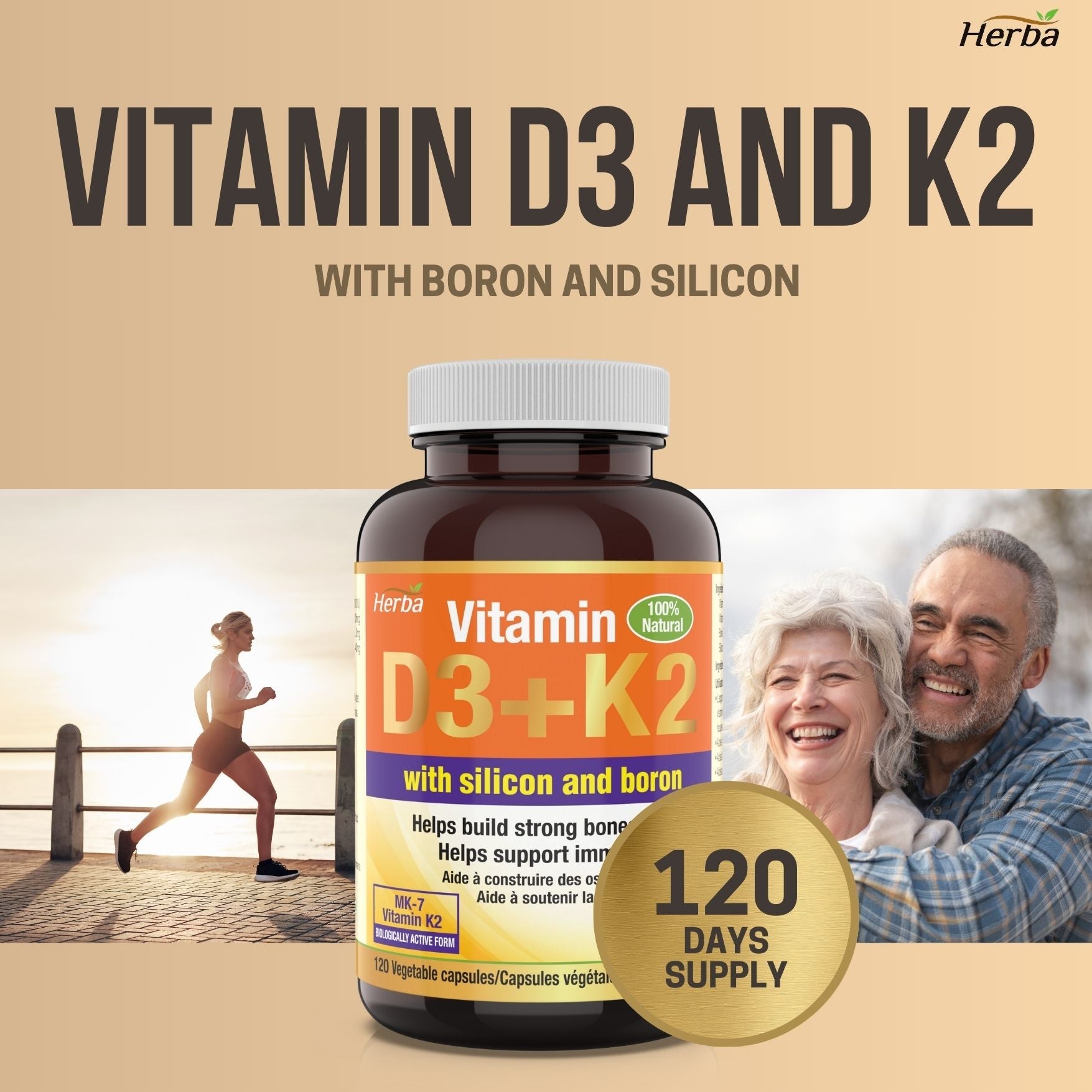 Vitamin D3 + K2 with Boron Supplement - 120 Vegetable Capsules | Vitamin K2 MK - 7 and Vitamin D3 1000 IU - Herba