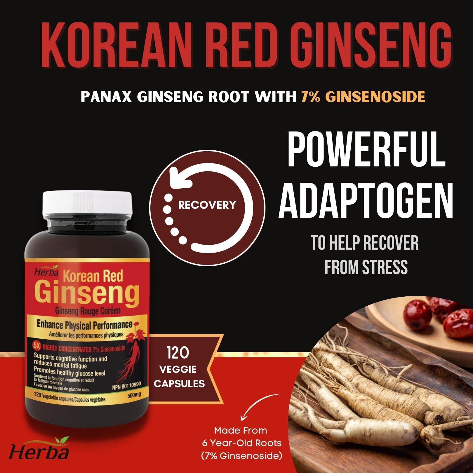 Herba Korean Red Ginseng Extract Pills 120 Vegetable Capsules 2500mg Equivalent 5 1 Extract From 500mg